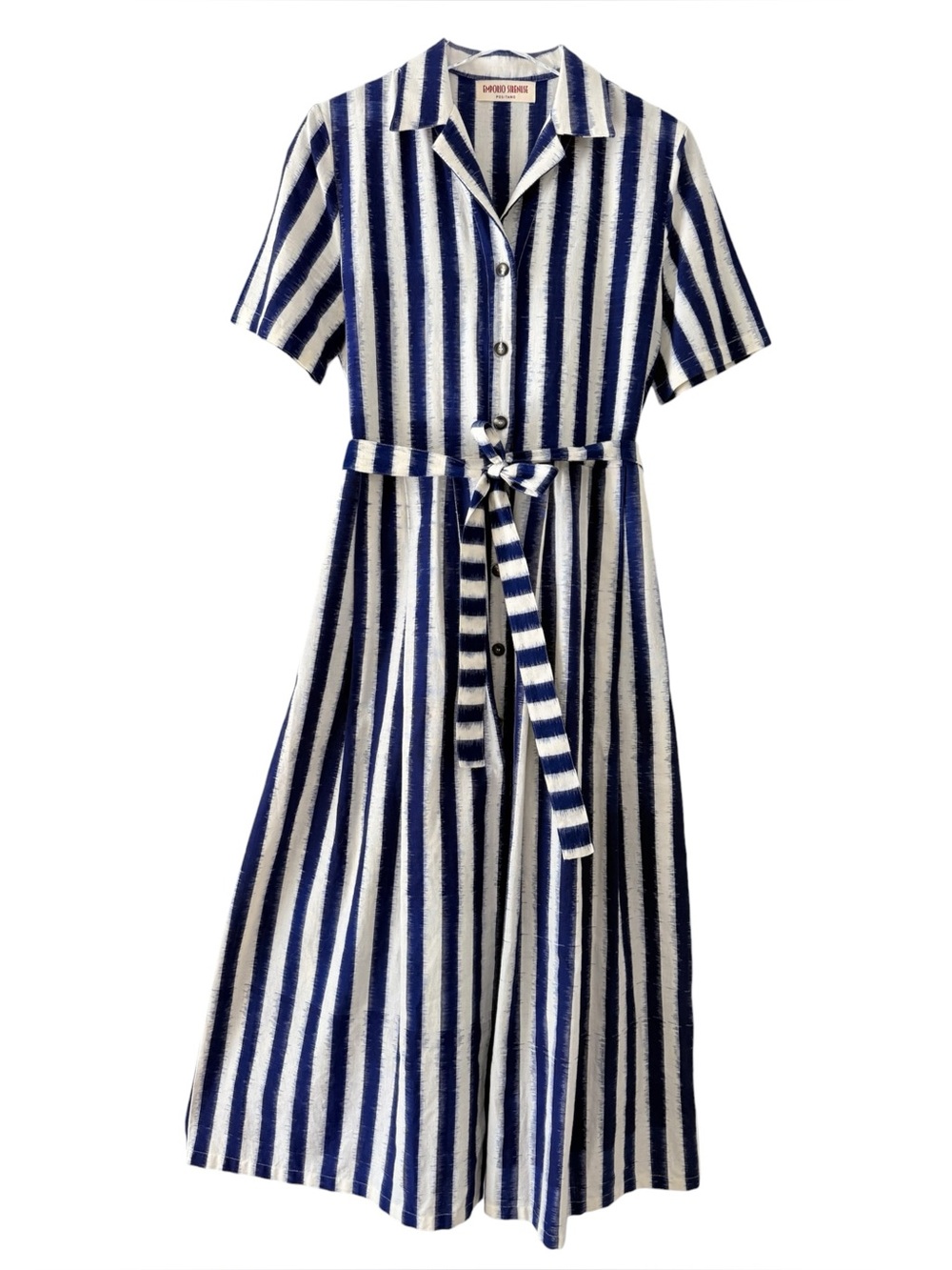 Emporio Sirenuse 100% Cotton Navy & White Belted Striped Maxi Shirt Dress